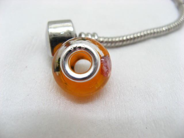 1X Orange Murano Round Glass European Beads 925 Silver Core - Click Image to Close